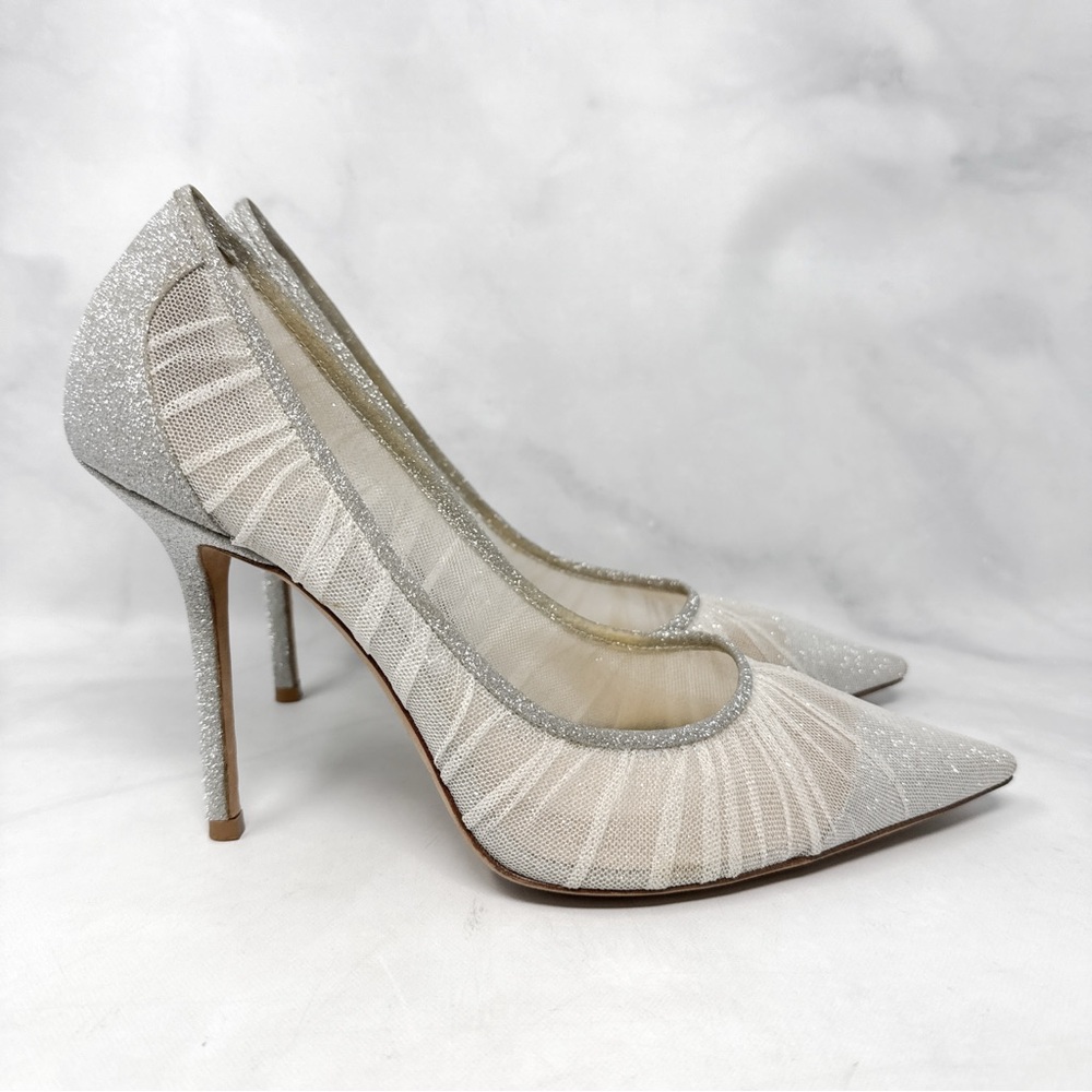 Jimmy Choo Silver and Ivory Glitter Mesh Pointed-Toe Heels - Picture 6 of 16